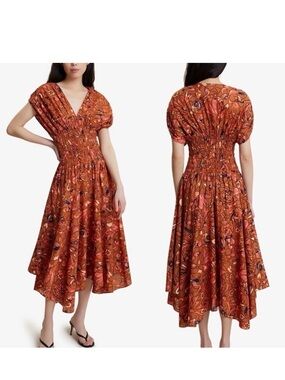 NWT A.L.C. Lucia Floral V-Neck Smocked Waist A-Line Midi Dress in Multi Size 12